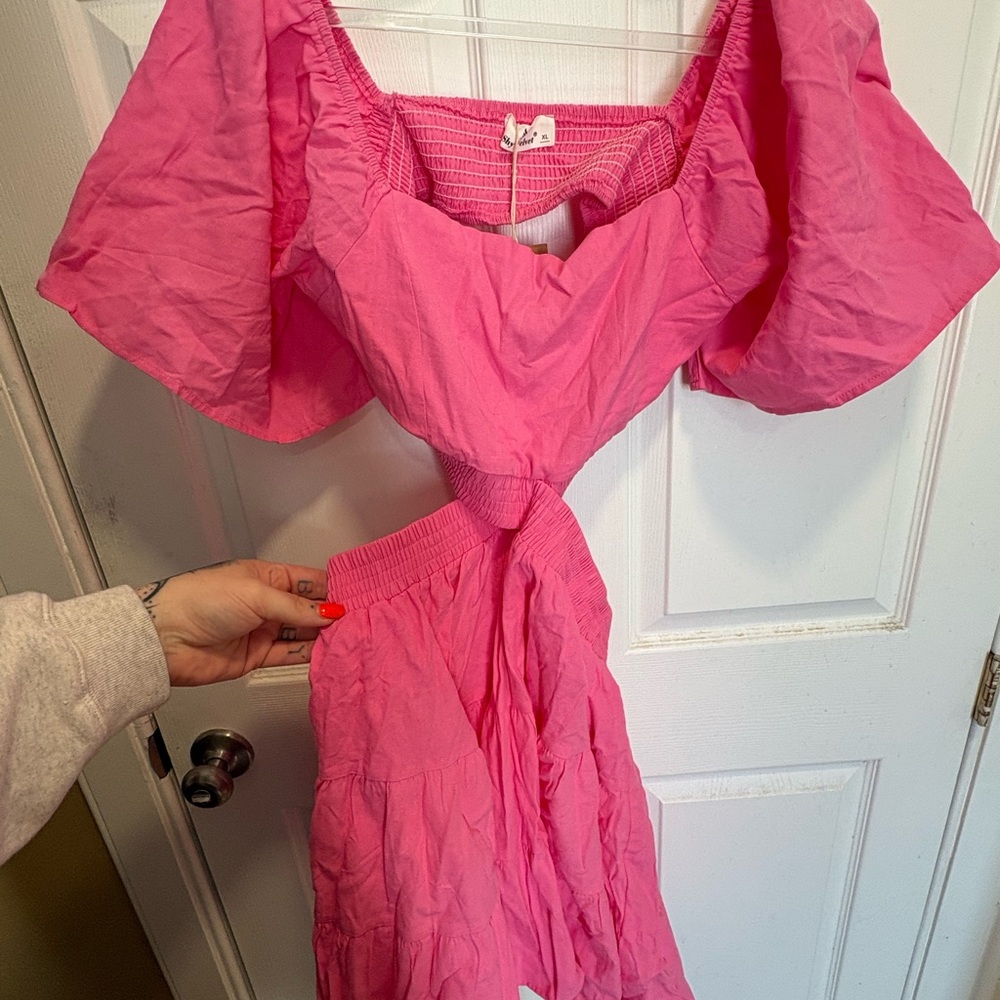 Pink Smocked Neck twist front dress
